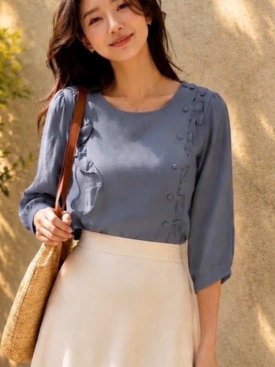 Tulip B Tops - Tulip B Blue Ruffle Front Buttoned Front Retro Vibes Top. Size L & XL